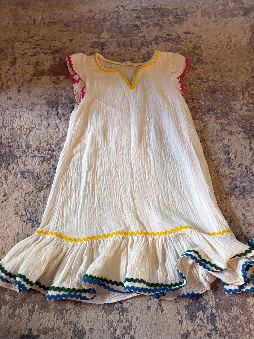 Mini Boden Girls Size 9-10Y Cream Dress with Yellow, Pink, Blue & Green Trim.